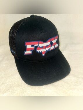 Fox Racing Flexfit Hat Mens S/M Black Mesh Trucker American Flag Logo MX